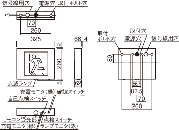 天井直付型・壁直付型・天井直付吊下型 LED 誘導灯 片面型・点滅形・長